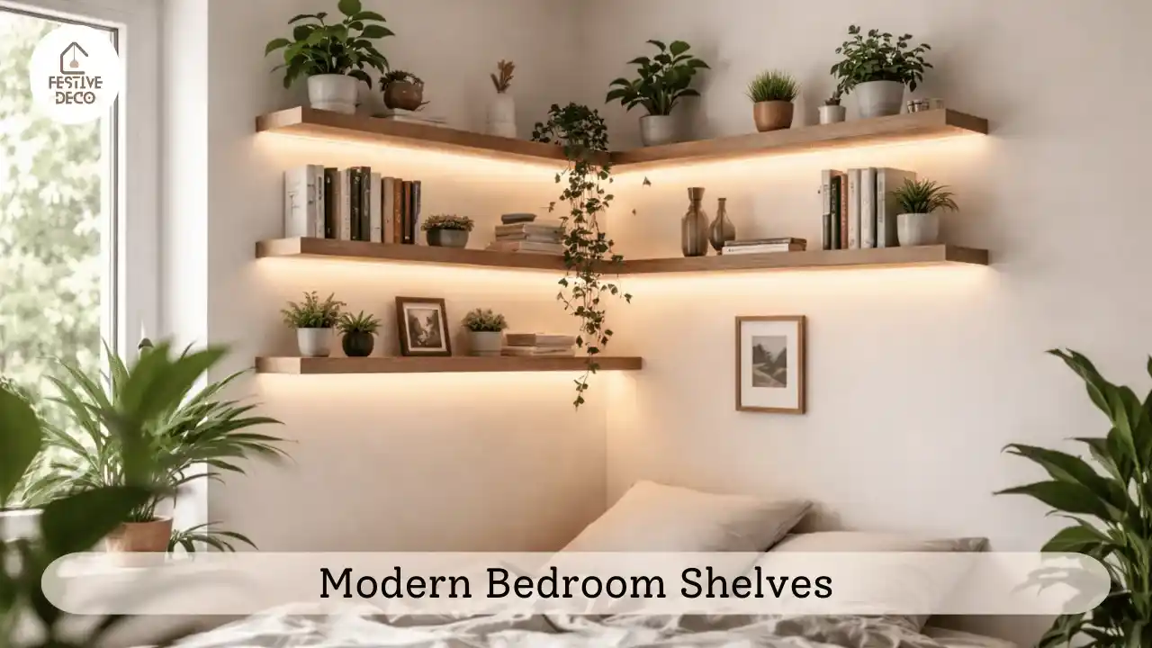 Minimal floating shelves styled with books and plants showing modern bedroom shelves for simple wall decor.