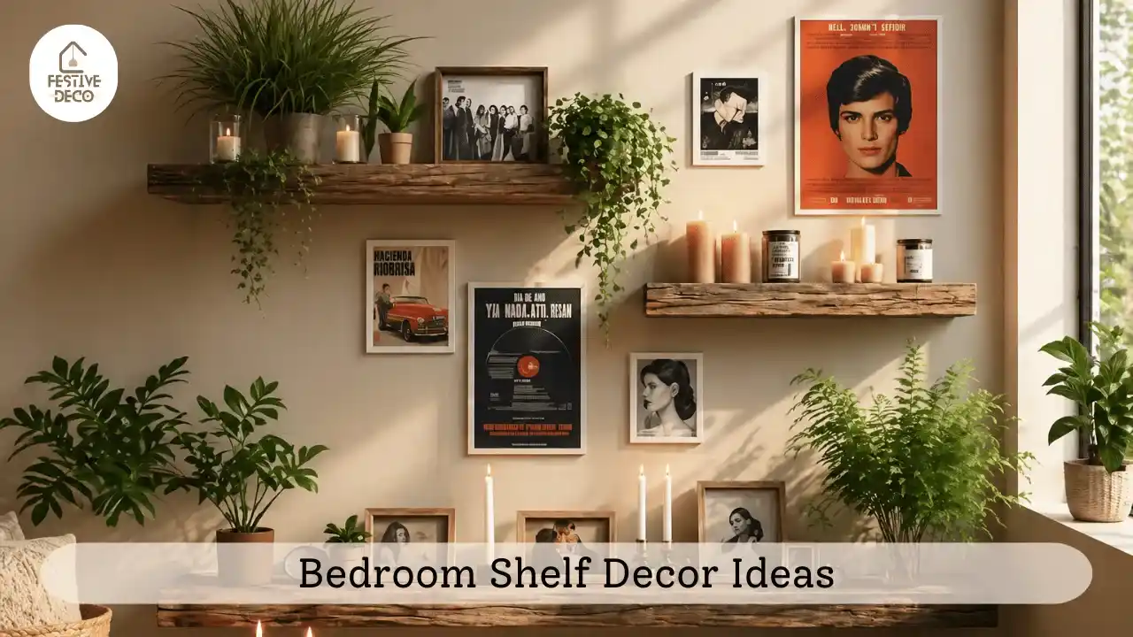 Minimal shelf arrangement with plants and books reflecting simple bedroom shelf decor ideas.