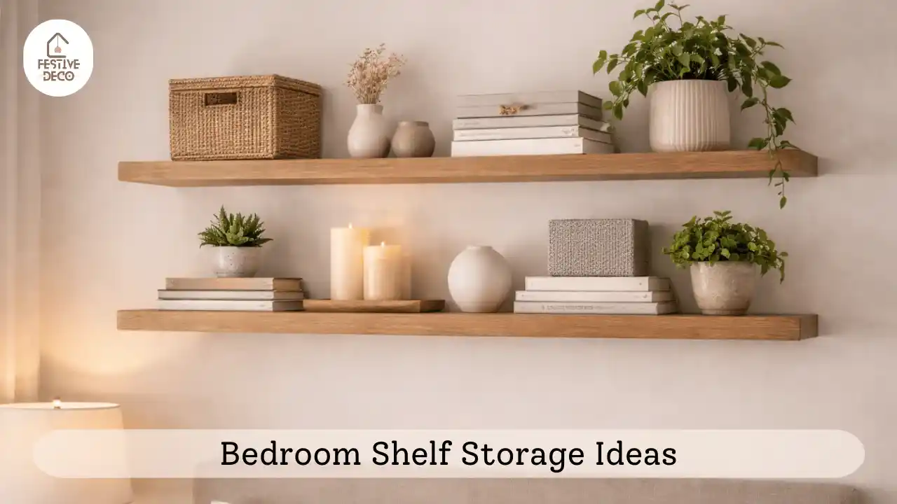 Wall mounted shelves holding books and decor items demonstrating bedroom wall shelf ideas for storage and decoration.