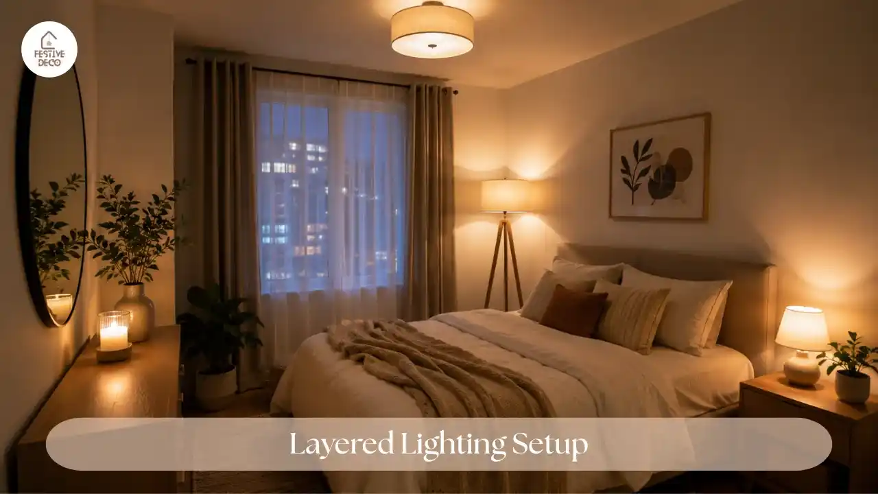 Layered lighting in a small bedroom using bedside lamps and soft ceiling lights for a warm and balanced look.