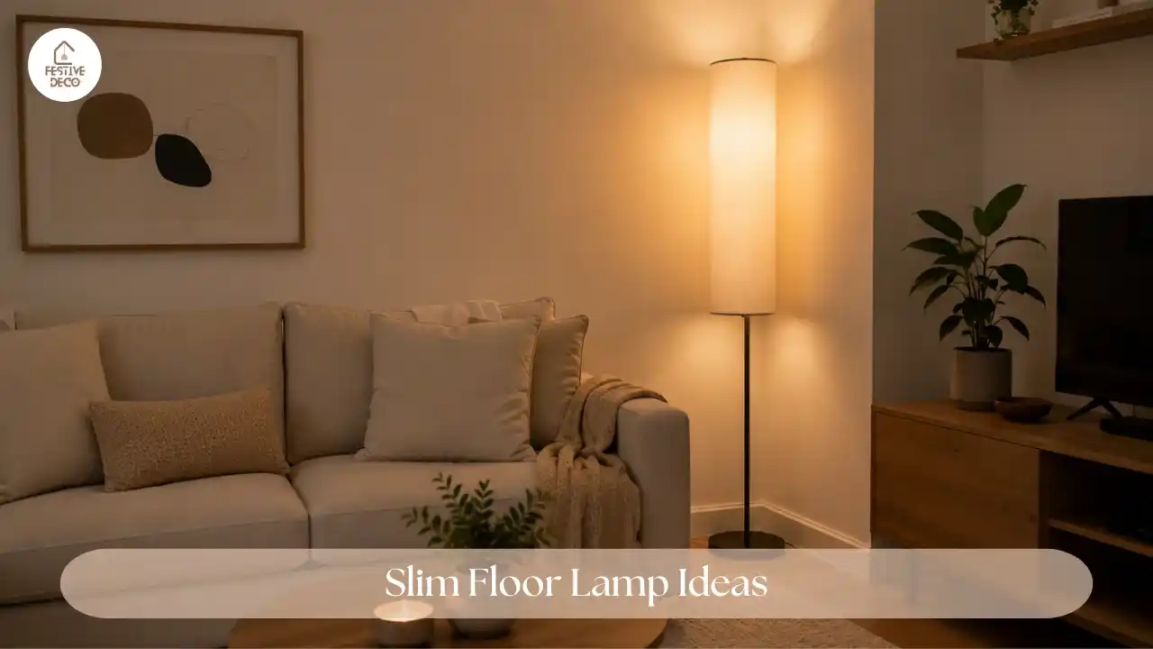 Small apartment room with a slim floor lamp adding warm lighting without making the space feel crowded.