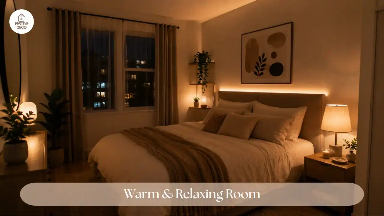 Warm lighting setup in a small room creating a relaxing and welcoming atmosphere with modern cozy decor.