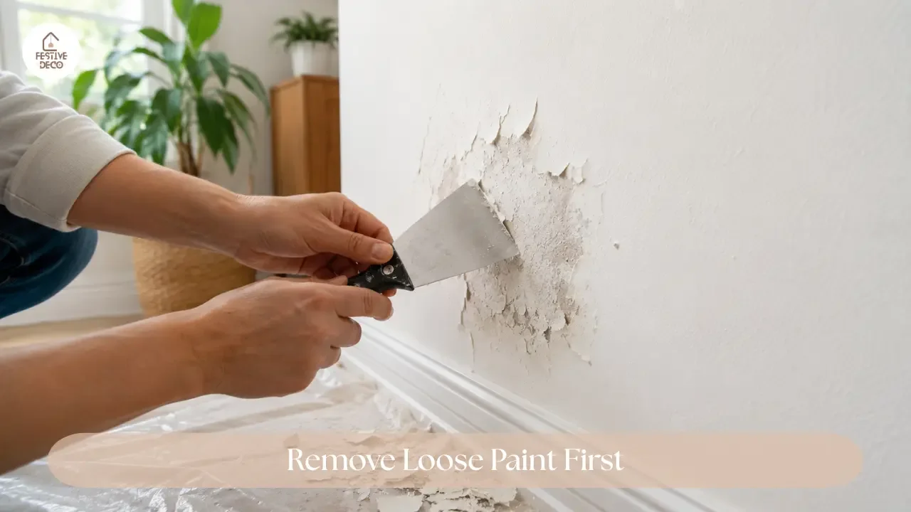Carefully removing loose paint from an interior wall before repainting a peeling wall.