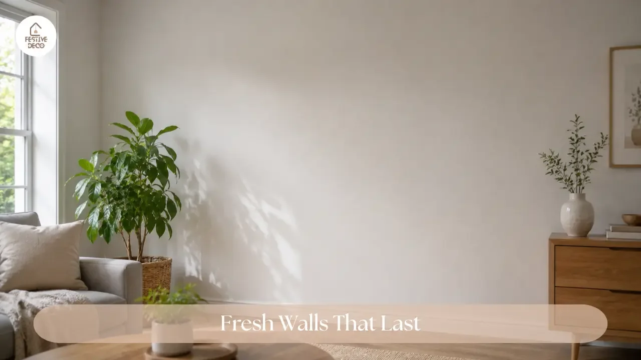 Freshly painted smooth interior wall in a bright living room after repairing peeling paint.