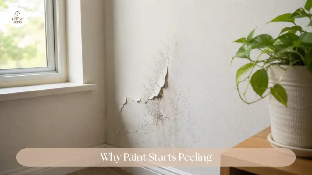 Interior wall with peeling paint near a window, showing a common cause of paint peeling on walls.