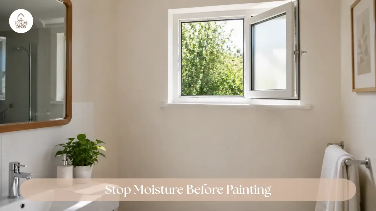 Well-ventilated bathroom with a dry painted wall, helping prevent bathroom wall paint peeling.