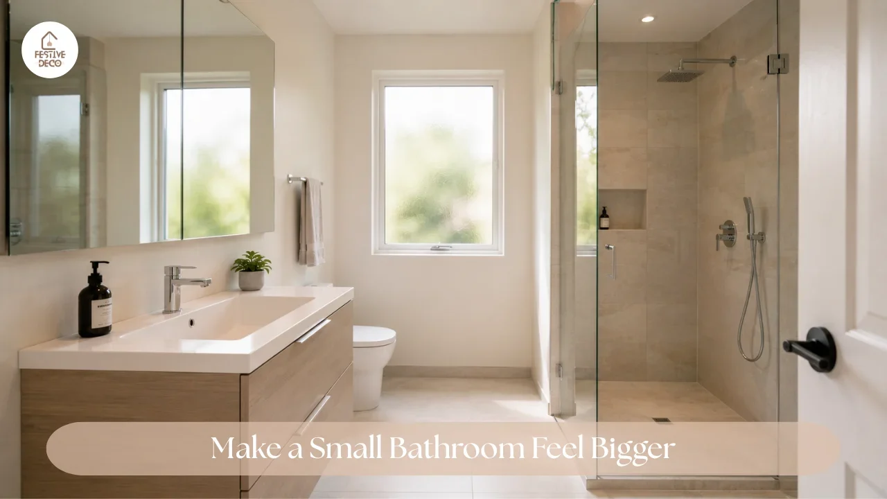 A compact bathroom using a large mirror to reflect light and create a more spacious appearance.