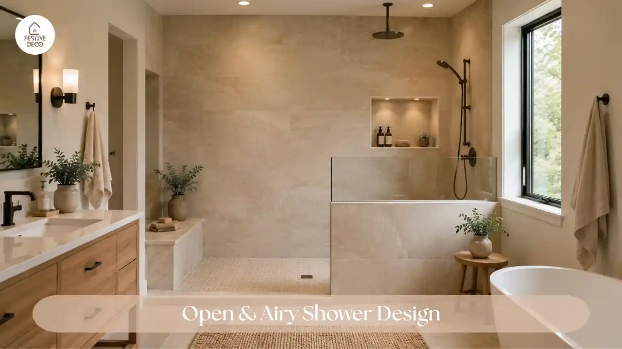A doorless walk-in shower with a partial glass panel and light neutral tile.