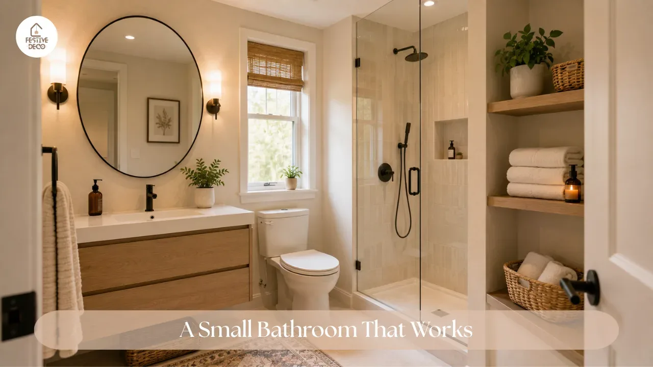 A finished small bathroom using light colors, open floor space, a large mirror, and wall storage to create an airy feel.