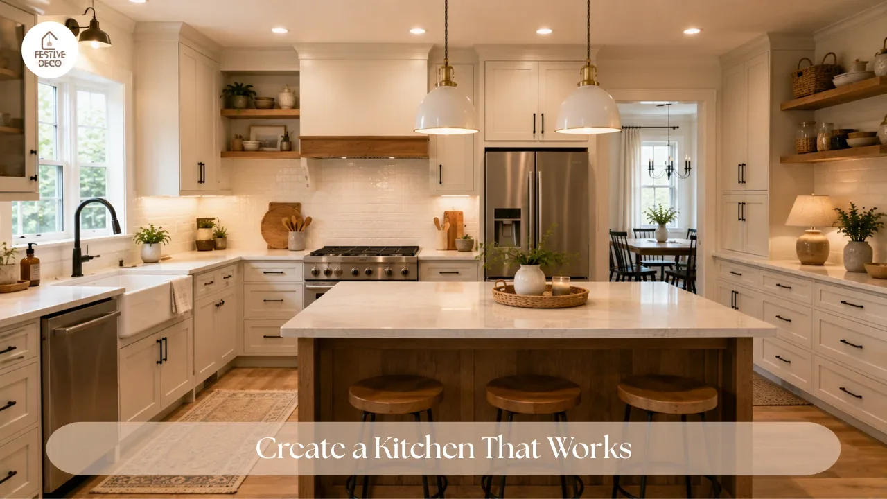 A functional remodeled kitchen combining practical storage, comfortable workspace, warm lighting, and simple personal details.
