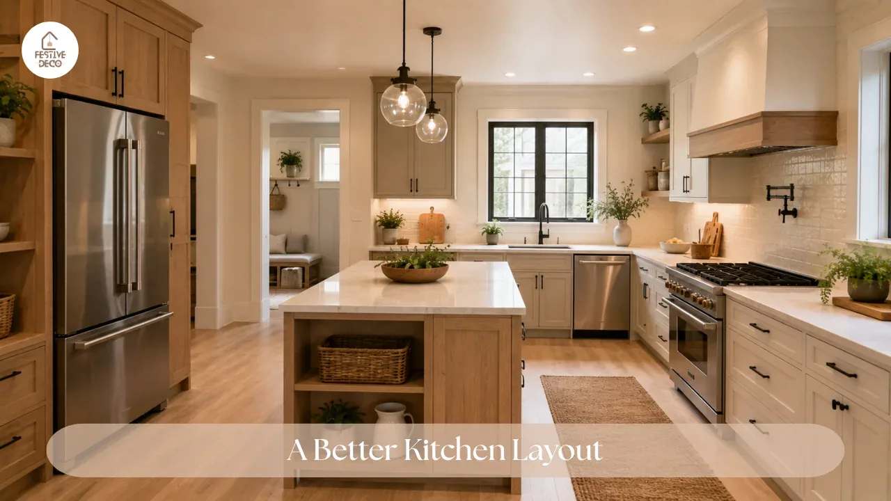 A practical kitchen layout with comfortable walking space between the cooking, storage, and preparation areas.