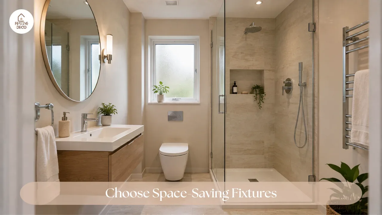 A small bathroom featuring large-format light tiles with minimal grout lines for a clean continuous appearance.