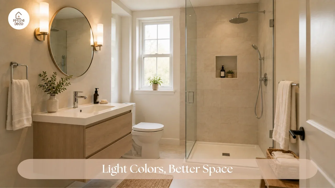 A small bathroom with layered ceiling and vanity lighting that creates a bright, warm, and balanced atmosphere.