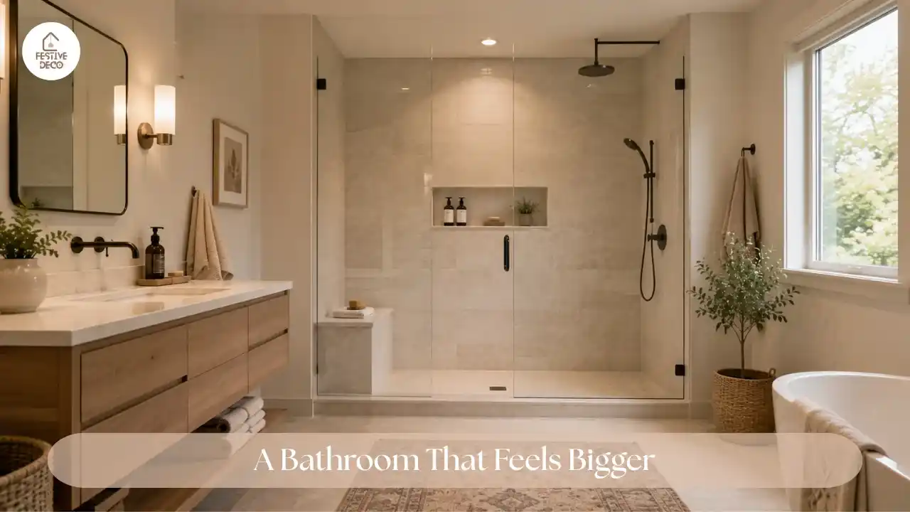 Compact bathroom with a corner walk-in shower, clear glass, light tiles, and a recessed niche.