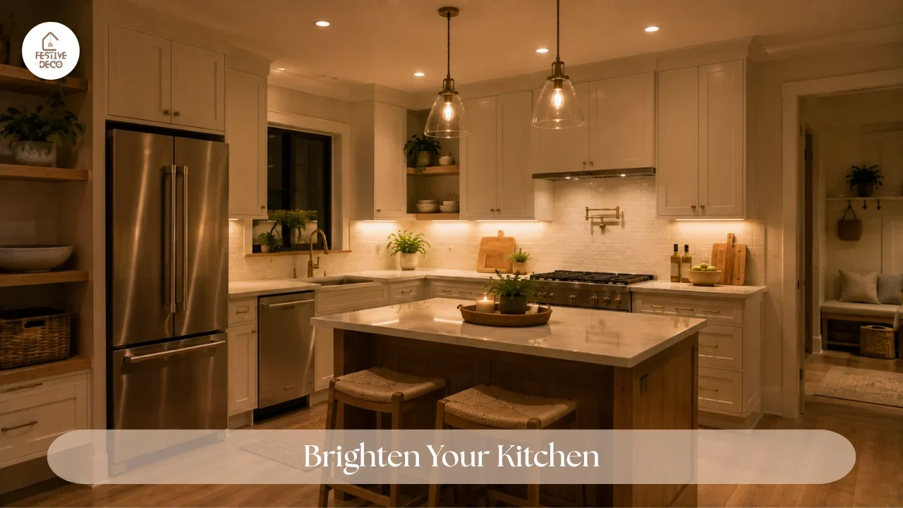 Kitchen lighting ideas featuring ceiling lights, warm under-cabinet lighting, and pendant lights over the island.