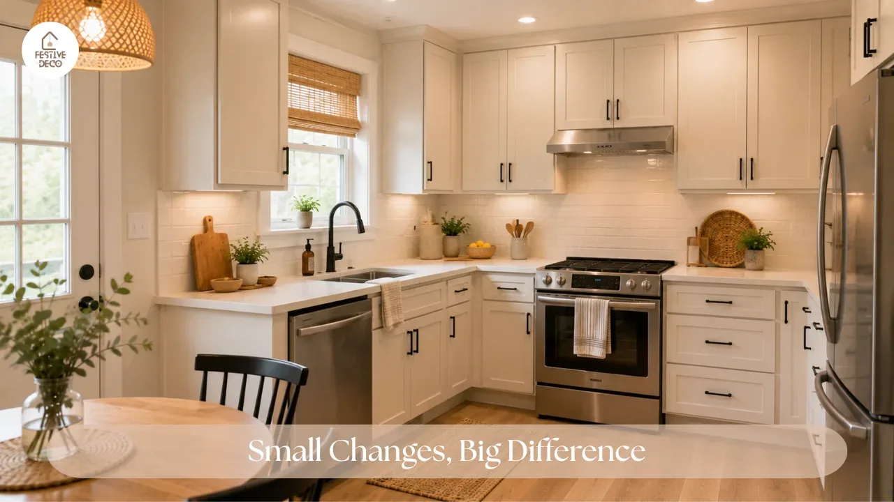 Little kitchen remodel ideas shown through updated cabinet hardware, lighting, backsplash, and simple decorative details.