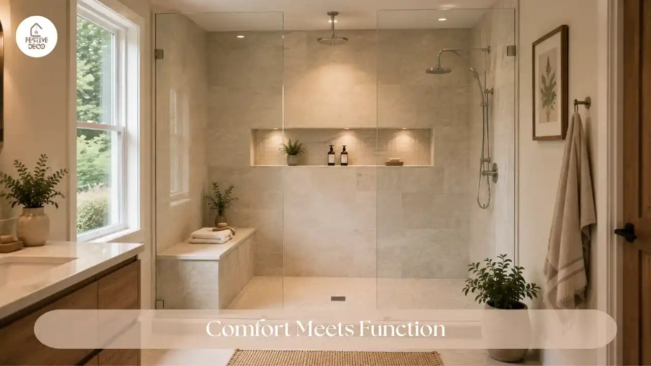 Modern walk-in shower with a statement wall featuring elegant marble-look vertical tiles.