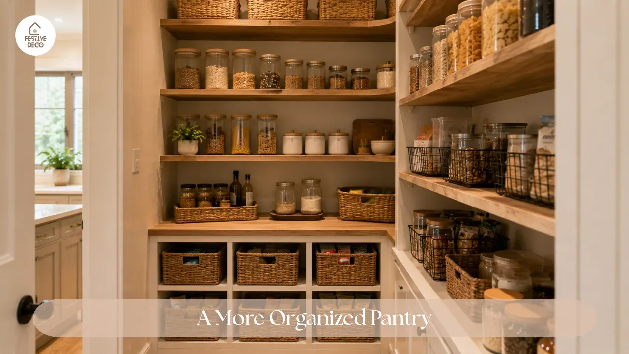 Pantry organization ideas with grouped food items, baskets, containers, and neatly arranged kitchen storage.