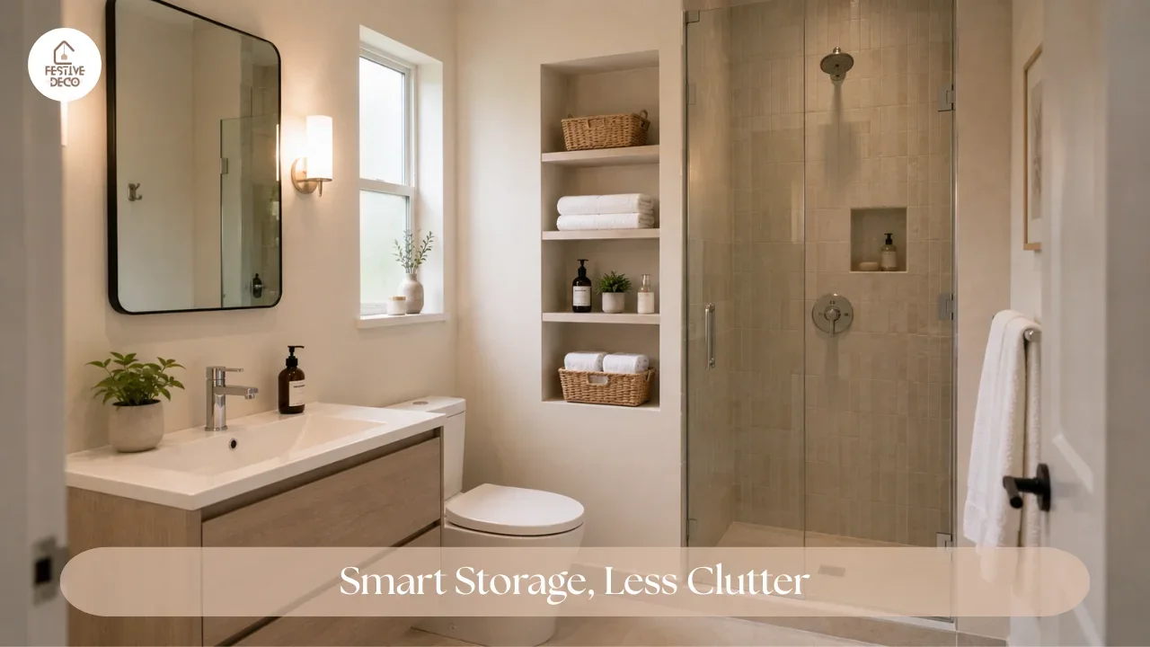 Small bathroom storage ideas featuring floating shelves, wall-mounted storage, baskets, and neatly organized essentials.