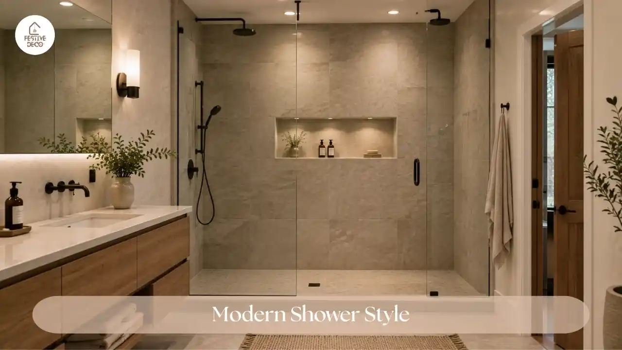 Spacious walk-in shower with a built-in bench and neutral stone-look tile.