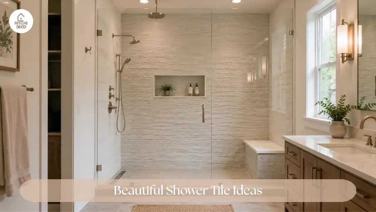 Walk-in shower featuring light large-format tiles with a subtle mosaic accent.