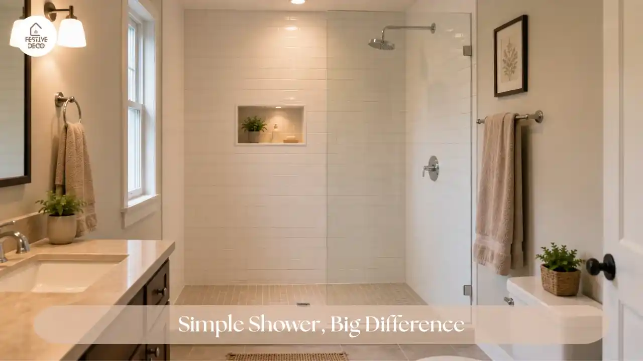 Walk-in shower with warm layered lighting creating a calm and inviting bathroom atmosphere.